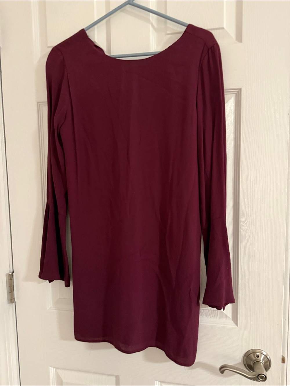 Lulu's Long Sleeve Burgundy Shift Dress with Subtle Bell Sleeves